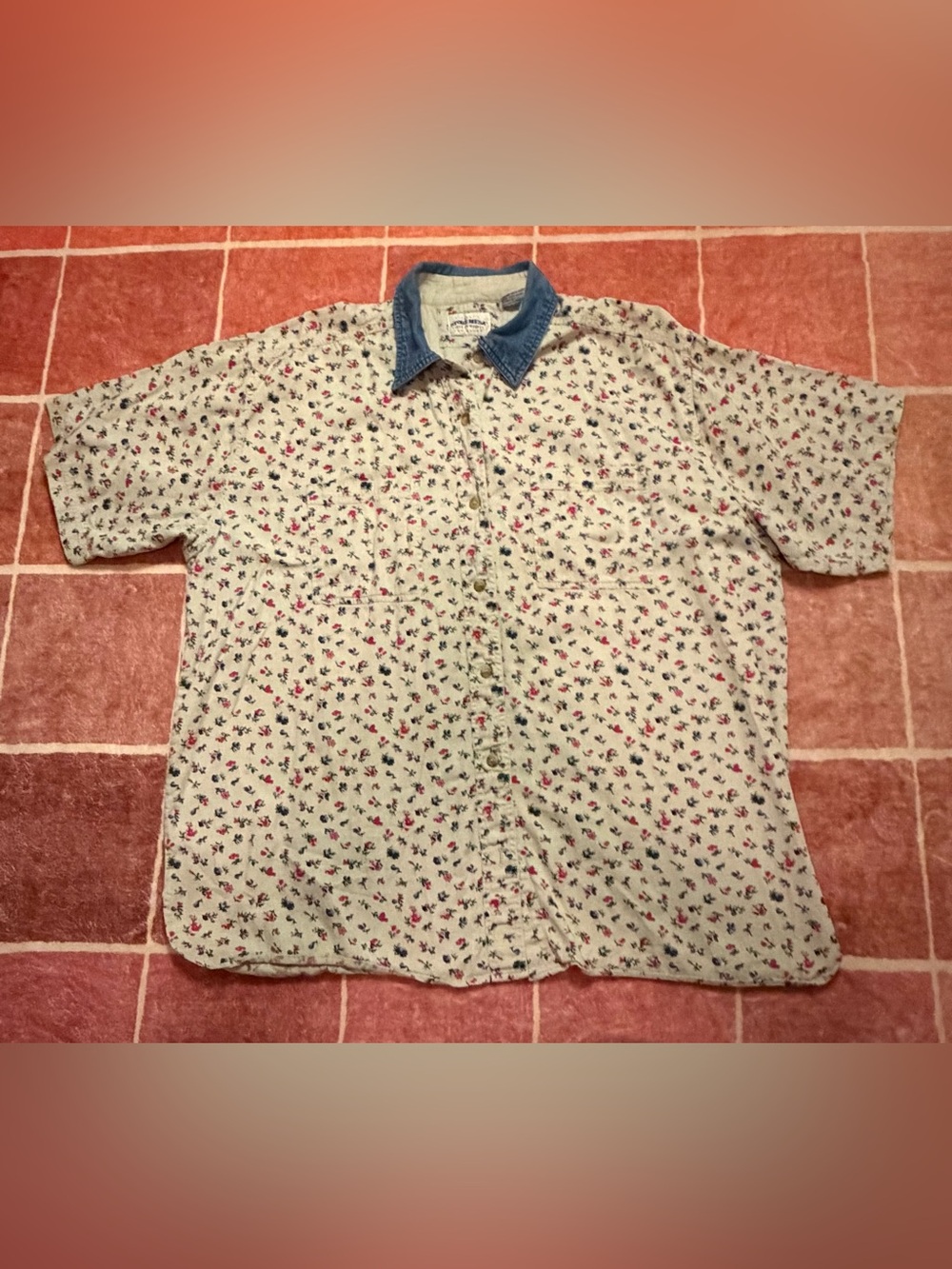 Cream Floral Button-Down Shirt with Denim Collar for Women